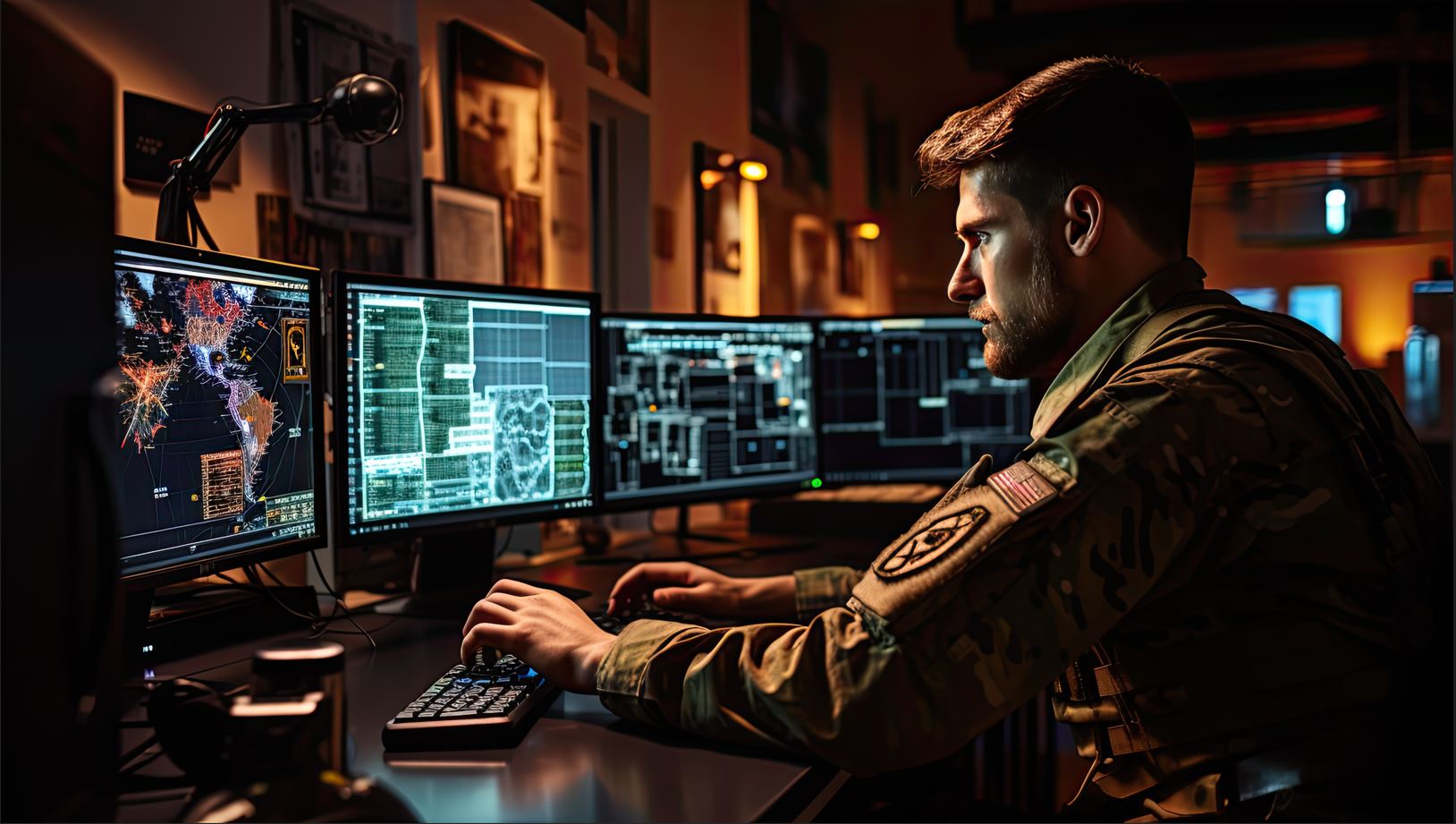 Stock image of soldier using a computer