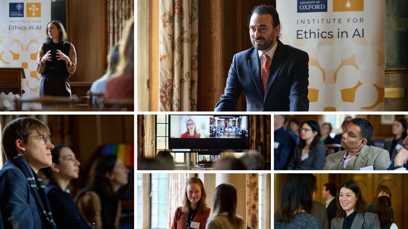 A collage of photos showcasing speakers and participants at the Oxford Berlin Colloquium on AI Ethics 