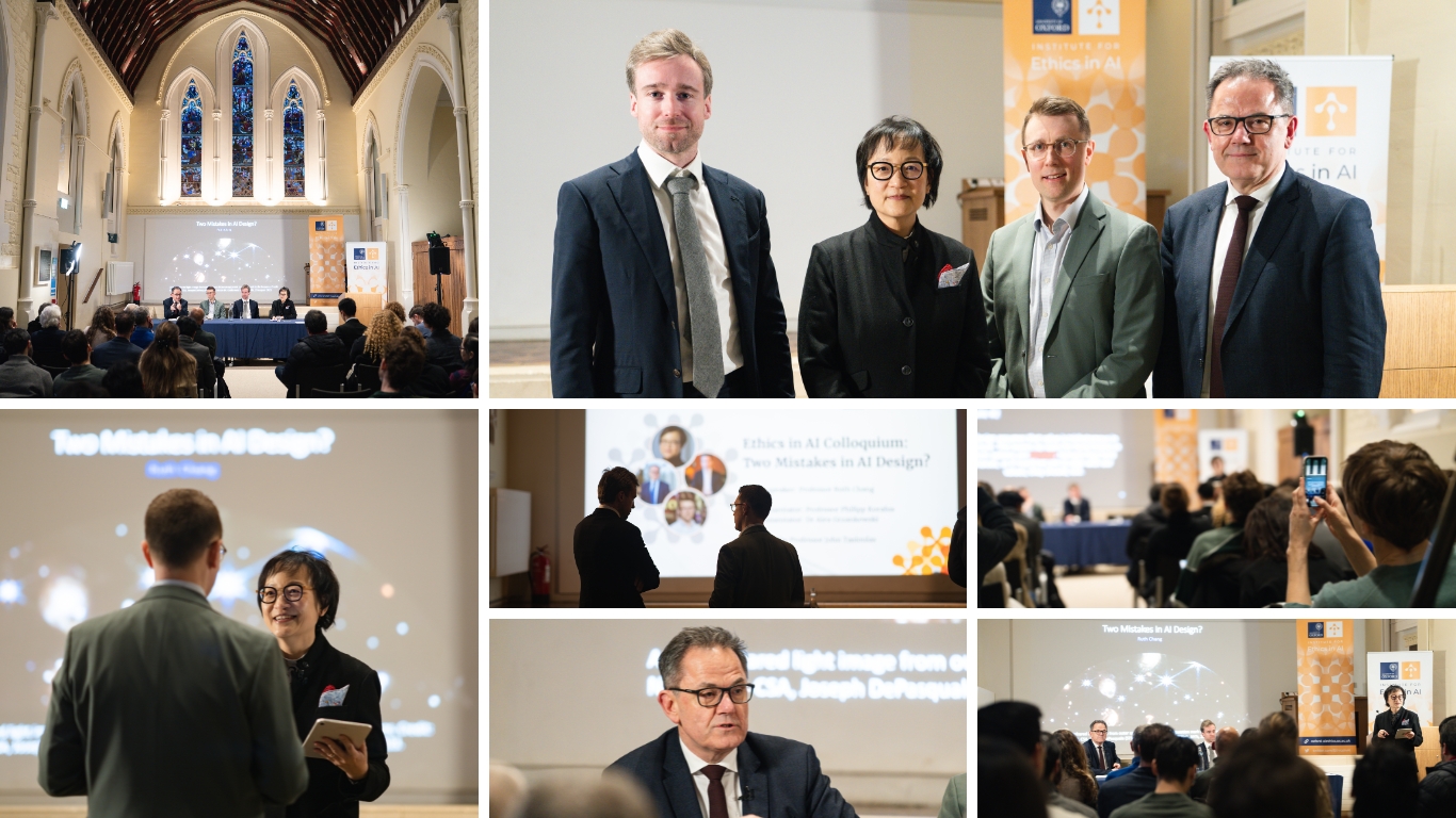 Photo collage of speakers and attendees of the Ethics in AI Colloquium Two Mistakes in AI Design